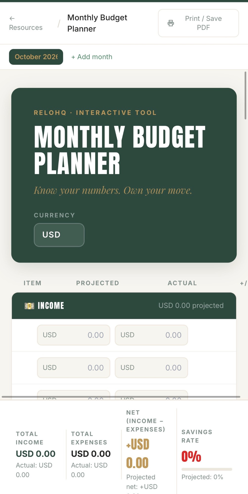 ReloHQ app — Monthly Budget Planner