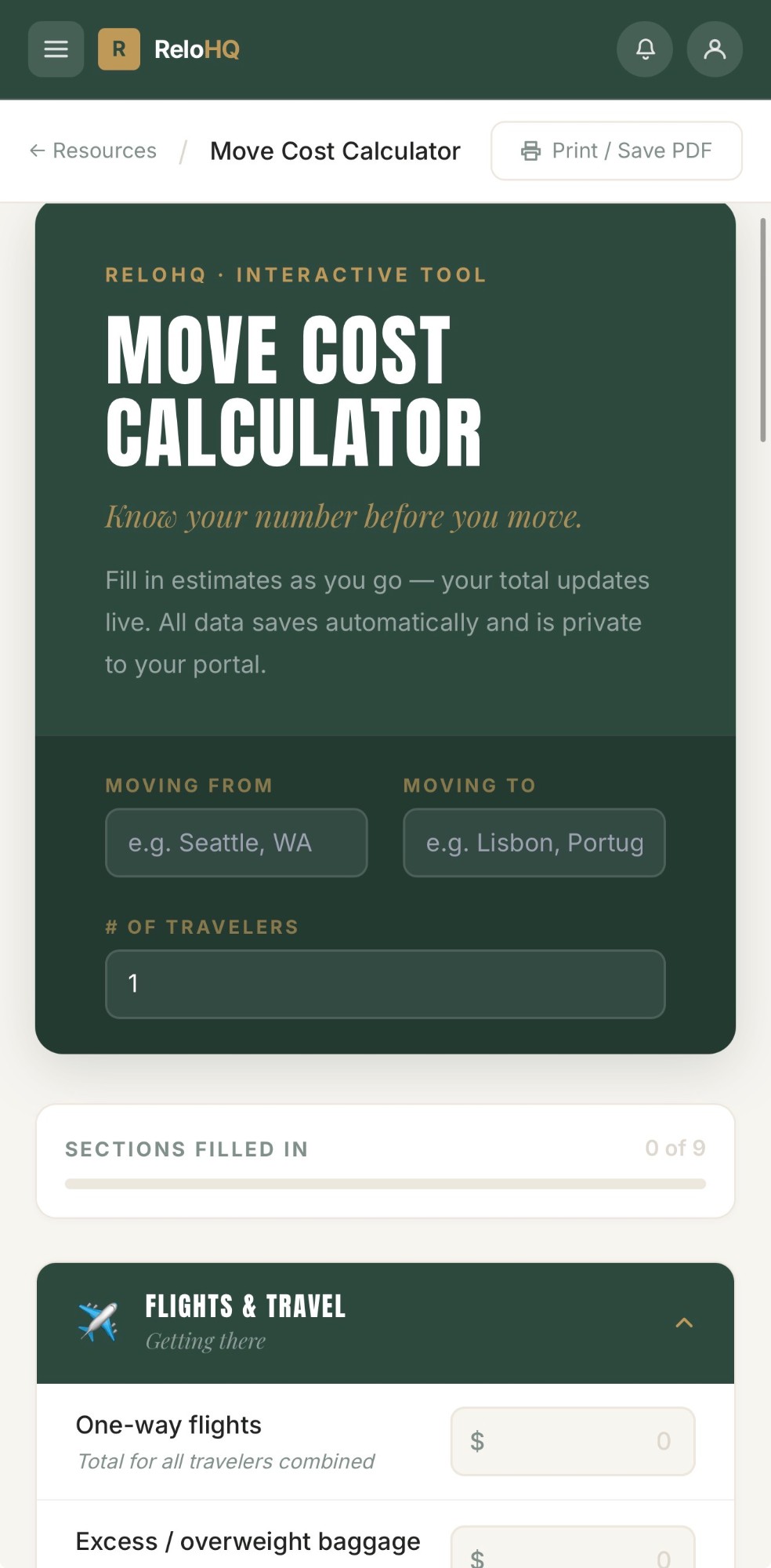 ReloHQ app — Move Cost Calculator