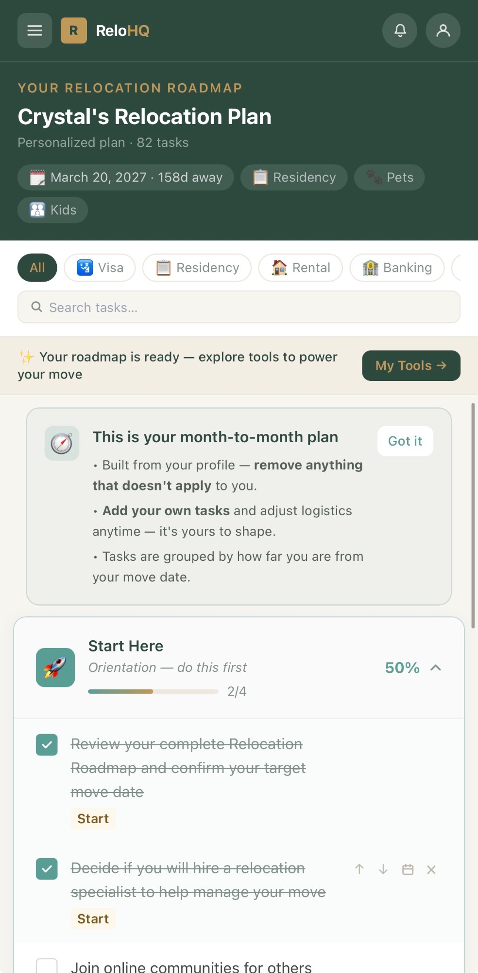 ReloHQ app — Relocation roadmap