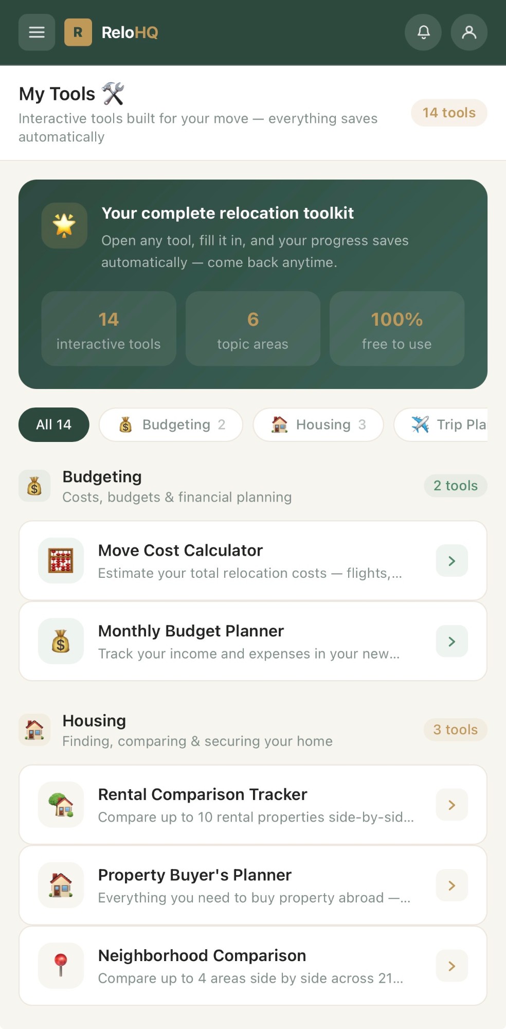 ReloHQ app — My Tools