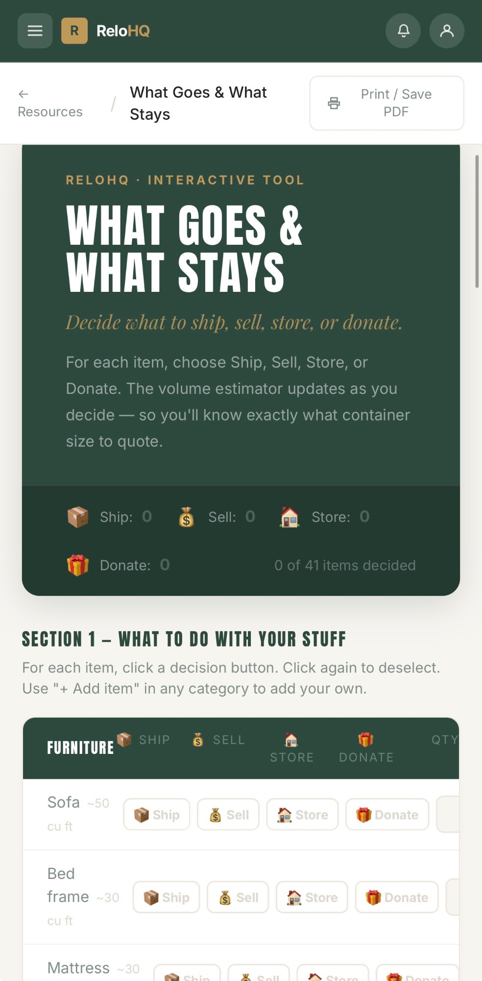 ReloHQ app — What Goes & What Stays tool